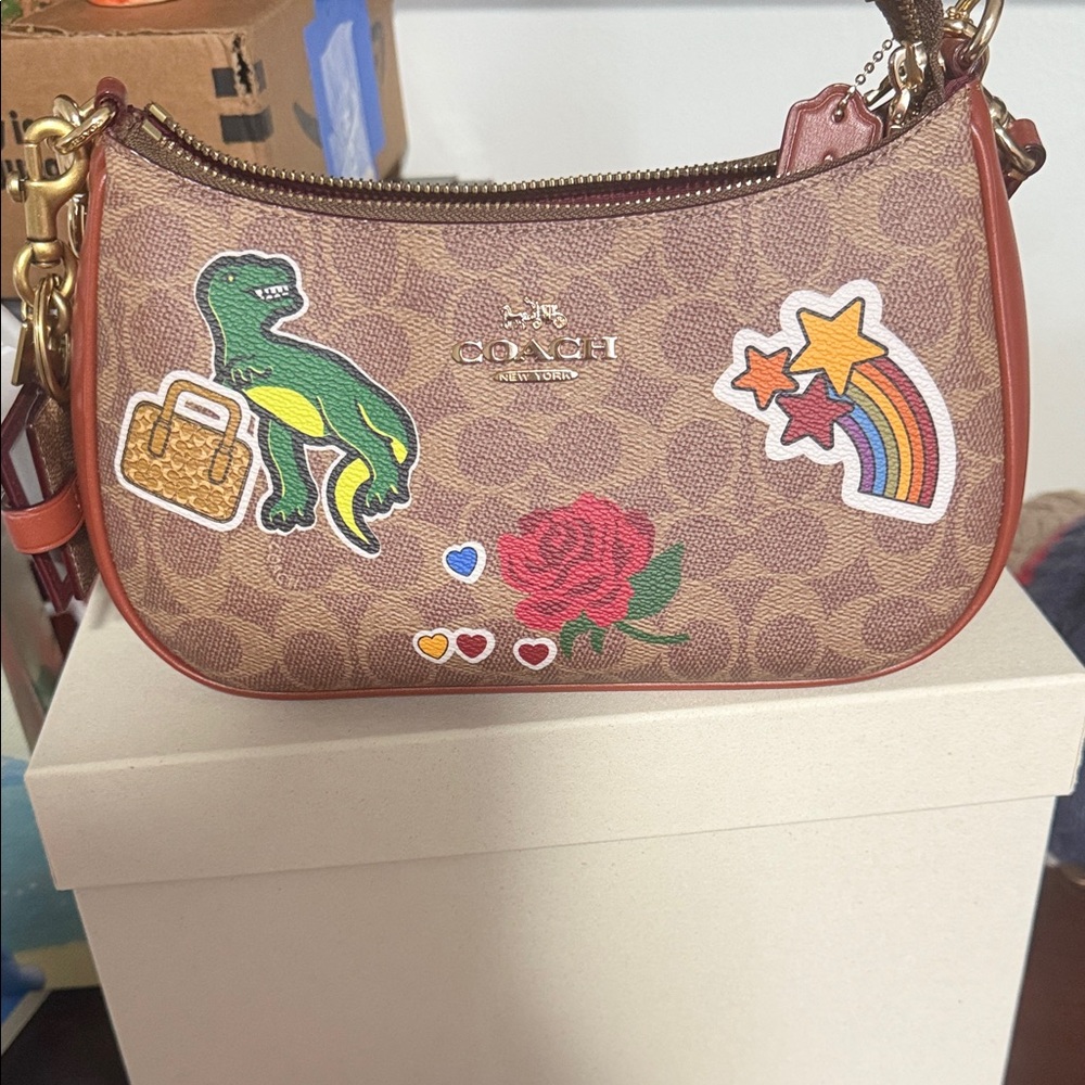 Coach Tan and Red Bag with Fun Patches